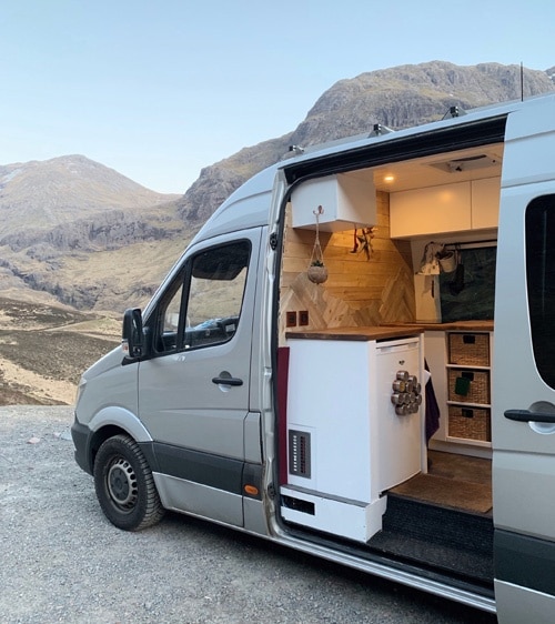 looking in to our kitchen through the side door of our van