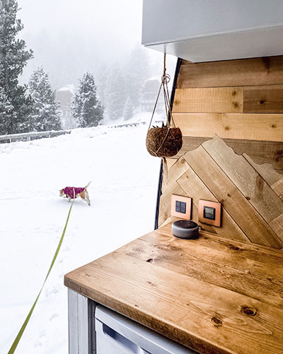 View of our dog running in the snow from within our campervan