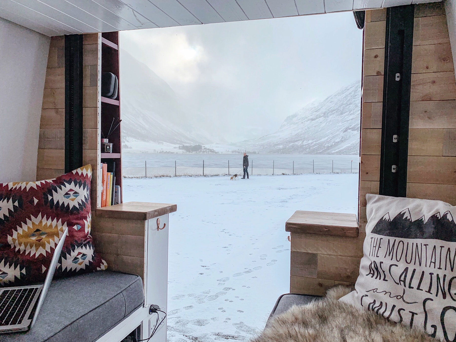 Campervan Heating Guide: View out of the back doors of our van in the snow