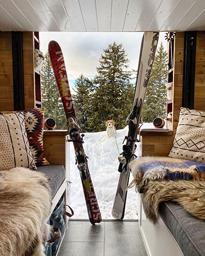 Looking out the back doors of our van to our ski storage.