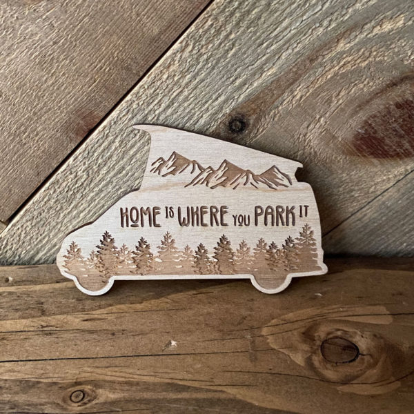 Home is Where You Park It Pop Top Camper Sticker shown in our van