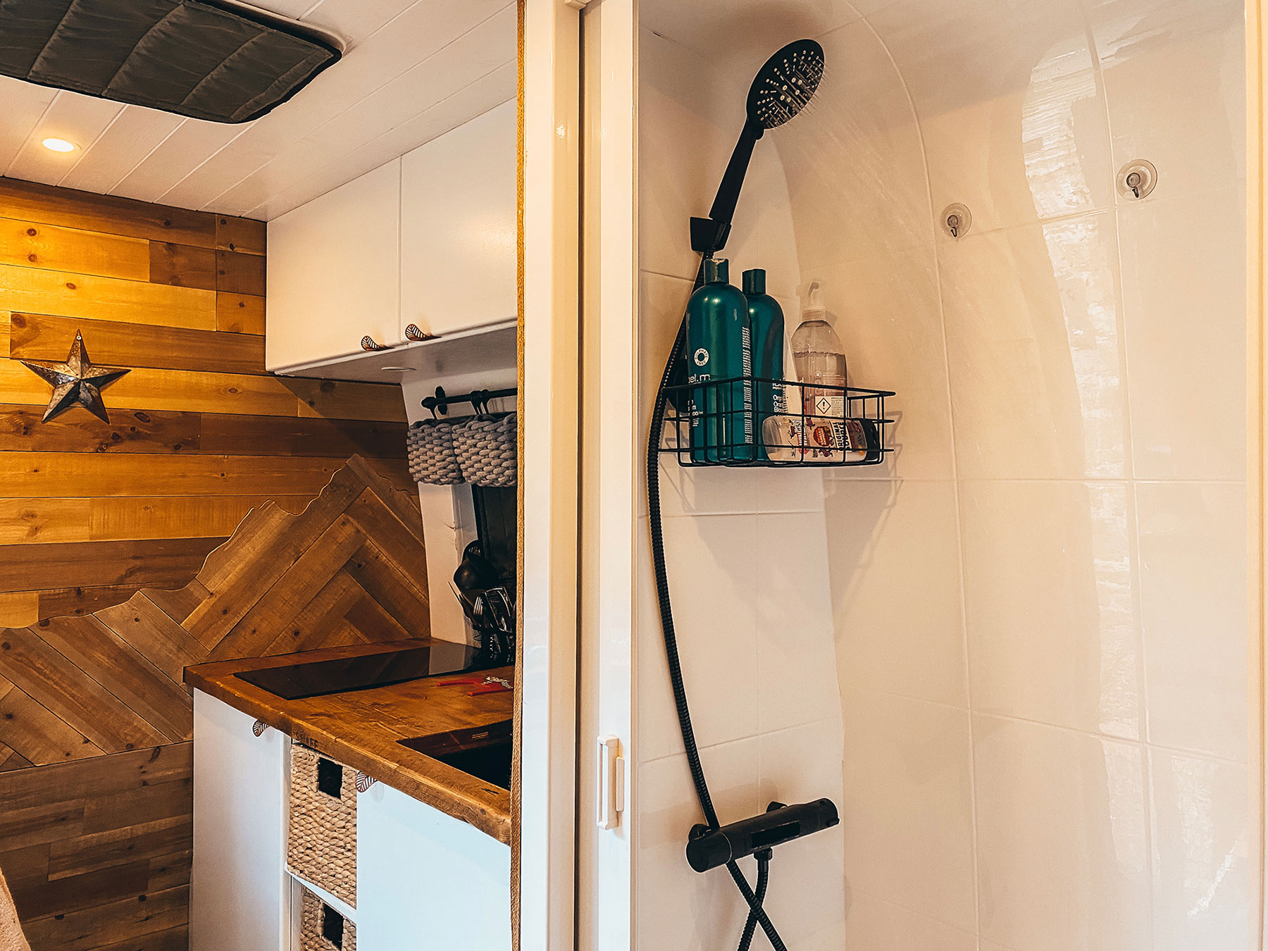 Shower and kitchen in our campervan with hot water to our kitchen tap and shower
