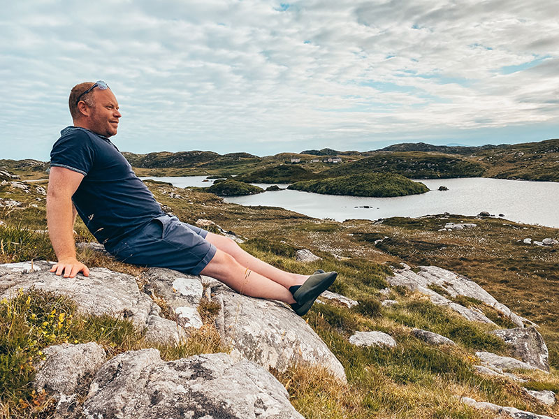 mahabis curve canvas slippers worn to explore rocky moorland in Harris